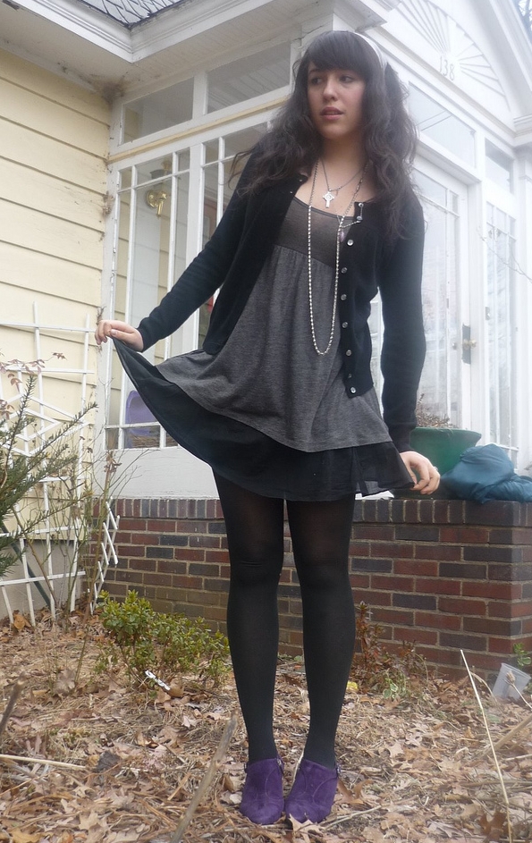 Brunette Teen Girl wearing Black Opaque Pantyhose and Grey Cotton Mini Dress